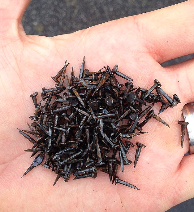 10-12mm Paslode-style blue upholstery tacks are a common sight on the Yarra Boulevard, a popular route for many local cyclists. The council even had to start cleaning the road regularly, and according to an article by The Age, a special magnetic mat has since collected thousands of tacks.