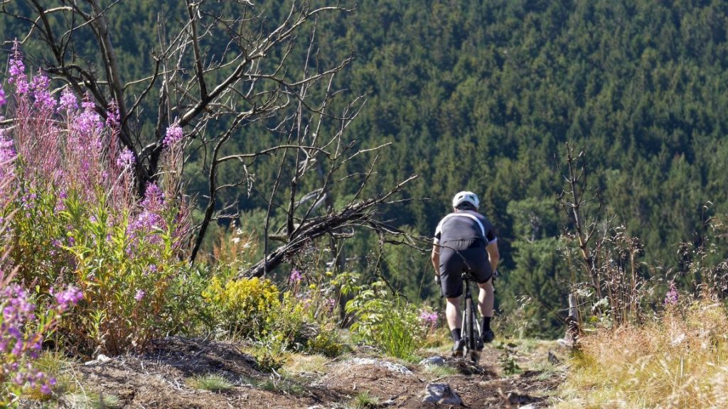 A gravel rider going through a rough section which requires braking skills.